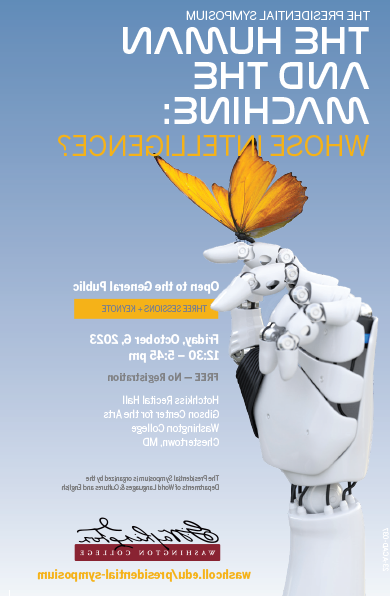 poster for symposium showing butterfly landed on robotic hand